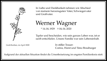 Traueranzeige von Werner Wagner von Bad Vilbel/Karben