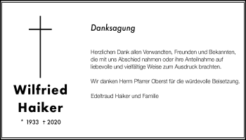 Traueranzeige von Wilfried Haiker von Wetterauer Zeitung