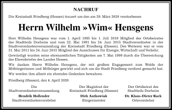 Traueranzeige von Wilhelm Hensgens von Wetterauer Zeitung