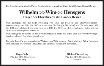 Traueranzeige von Wilhelm Hensgens von Wetterauer Zeitung