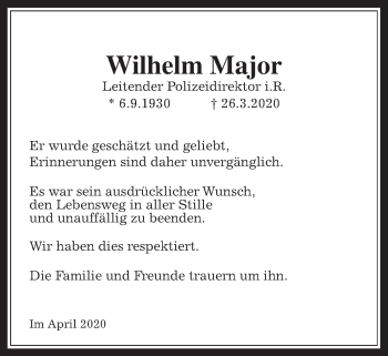 Traueranzeige von Wilhelm Major von Wetterauer Zeitung