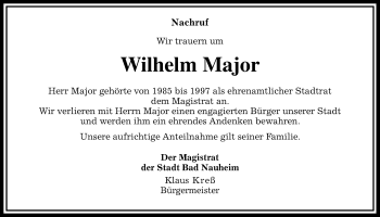 Traueranzeige von Wilhelm Major von Wetterauer Zeitung