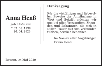 Traueranzeige von Anna Henß von Giessener Allgemeine, Alsfelder Allgemeine