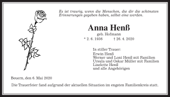 Traueranzeige von Anna Henß von Wetterauer Zeitung