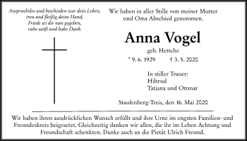 Traueranzeige von Anna Vogel von Giessener Allgemeine, Alsfelder Allgemeine