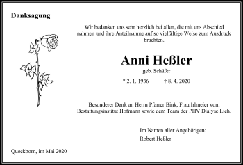 Traueranzeige von Anni Heßler von Giessener Allgemeine, Alsfelder Allgemeine