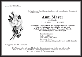 Traueranzeige von Anni Mayer von Giessener Allgemeine, Alsfelder Allgemeine