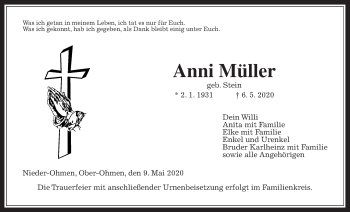Traueranzeige von Anni Müller von Alsfelder Allgemeine