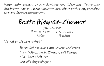 Traueranzeige von Beate Hlawica-Zimmer von Giessener Allgemeine, Alsfelder Allgemeine
