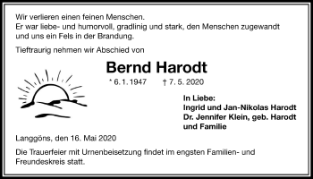 Traueranzeige von Bernd Harodt von Giessener Allgemeine, Alsfelder Allgemeine