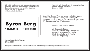 Traueranzeige von Byron Berg von Heimatzeitung Grünberg + Laubach