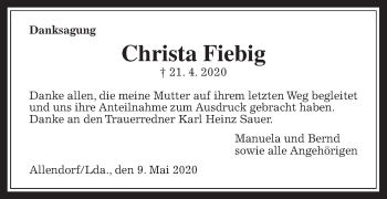 Traueranzeige von Christa Fiebig von Giessener Allgemeine, Alsfelder Allgemeine