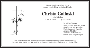 Traueranzeige von Christa Galinski von Wetterauer Zeitung