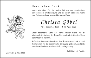 Traueranzeige von Christa Göbel von Wetterauer Zeitung