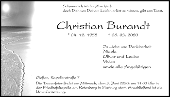 Traueranzeige von Christian Burandt von Giessener Allgemeine, Alsfelder Allgemeine