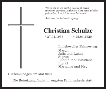 Traueranzeige von Christian Schulze von Giessener Allgemeine, Alsfelder Allgemeine