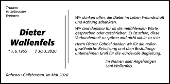 Traueranzeige von Dieter Wallenfels von Rabenauer Zeitung