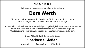 Traueranzeige von Dora Werth von Giessener Allgemeine, Alsfelder Allgemeine
