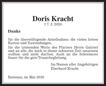 Traueranzeige von Doris Kracht von Rabenauer Zeitung