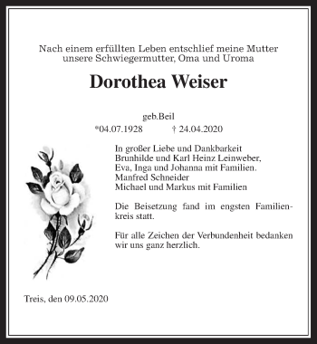 Traueranzeige von Dorothea Weiser von Giessener Allgemeine, Alsfelder Allgemeine