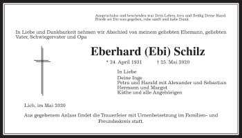 Traueranzeige von Eberhard Schilz von Giessener Allgemeine, Alsfelder Allgemeine