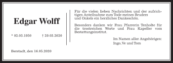 Traueranzeige von Edgar Wolff von Wetterauer Zeitung