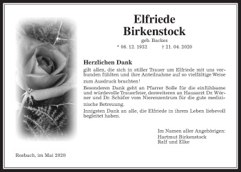 Traueranzeige von Elfriede Birkenstock von Wetterauer Zeitung