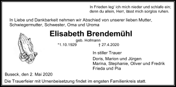 Traueranzeige von Elisabeth Brendemühl von Giessener Allgemeine, Alsfelder Allgemeine