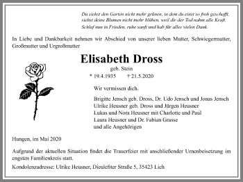 Traueranzeige von Elisabeth Dross von Licher Wochenblatt