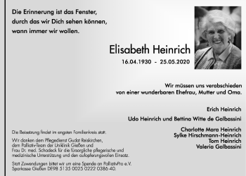 Traueranzeige von Elisabeth Heinrich von Licher Wochenblatt