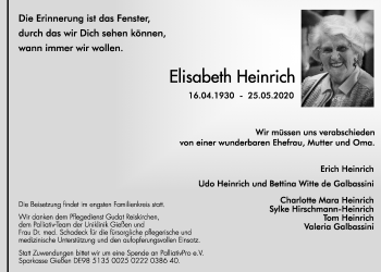 Traueranzeige von Elisabeth Heinrich von Wetterauer Zeitung, Giessener Allgemeine, Alsfelder Allgemeine