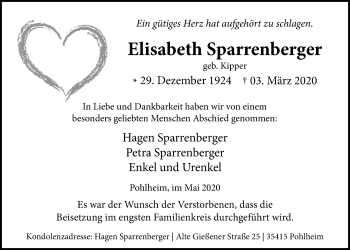 Traueranzeige von Elisabeth Sparrenberger von Pohlheimer Nachrichten