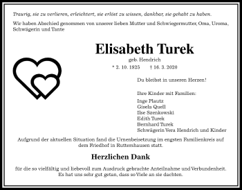 Traueranzeige von Elisabeth Turek von Giessener Allgemeine, Alsfelder Allgemeine