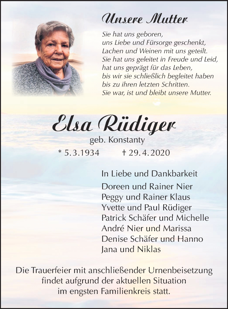  Traueranzeige für Elsa Rüdiger vom 07.05.2020 aus Licher Wochenblatt