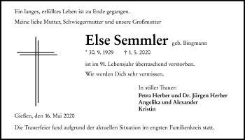Traueranzeige von Else Semmler von Giessener Allgemeine, Alsfelder Allgemeine