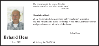 Traueranzeige von Erhard Hess von Giessener Allgemeine, Alsfelder Allgemeine