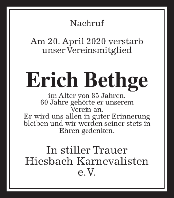 Traueranzeige von Erich Bethge von Wetterauer Zeitung