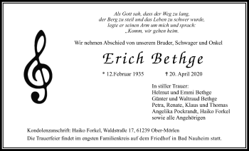 Traueranzeige von Erich Bethge von Wetterauer Zeitung