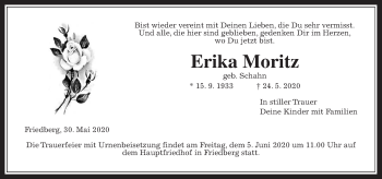 Traueranzeige von Erika Moritz von Wetterauer Zeitung
