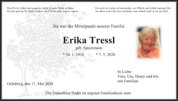 Traueranzeige von Erika Tressl von Giessener Allgemeine, Alsfelder Allgemeine