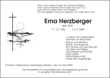 Traueranzeige von Erna Herzberger von Giessener Allgemeine, Alsfelder Allgemeine