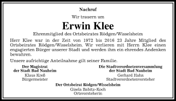 Traueranzeige von Erwin Klee von Wetterauer Zeitung