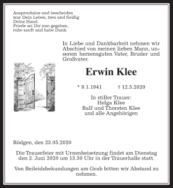 Traueranzeige von Erwin Klee von Wetterauer Zeitung