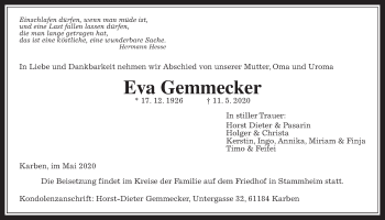 Traueranzeige von Eva Gemmecker von Wetterauer Zeitung