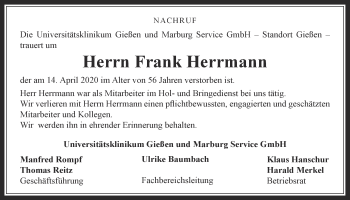 Traueranzeige von Frank Herrmann von Giessener Allgemeine, Alsfelder Allgemeine