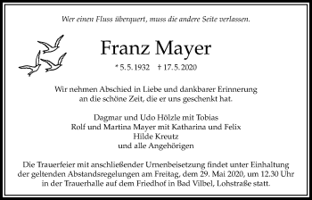 Traueranzeige von Franz Mayer von Bad Vilbel/Karben