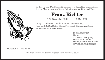 Traueranzeige von Franz Richter von Wetterauer Zeitung
