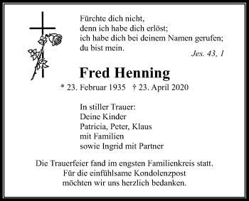 Traueranzeige von Fred Henning von Wetterauer Zeitung
