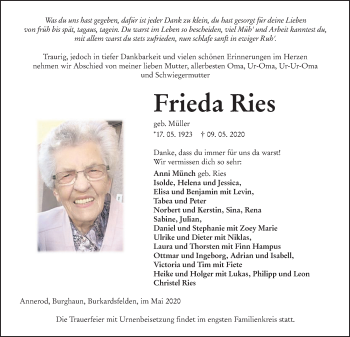 Traueranzeige von Frieda Ries von Giessener Allgemeine, Alsfelder Allgemeine