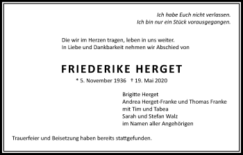 Traueranzeige von Friederike Herget von Bad Vilbel/Karben
